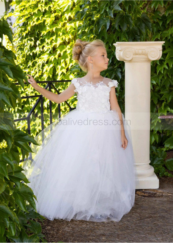 White Floral Lace Tulle V Back Long Flower Girl Dress